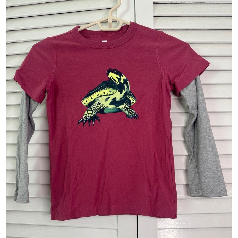 Tea Collection Size 8 Maroon Gray Double Sleeve Green Turtle Graphic LS T-Shirt